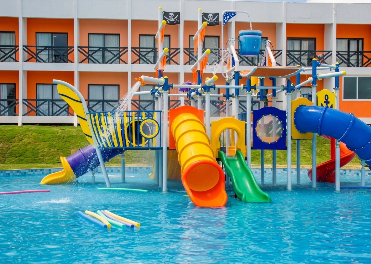 Colorful waterpark with pirate-themed slides