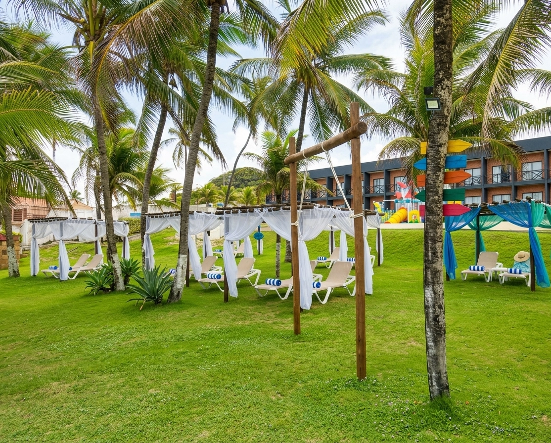 Garden cabanas with palm trees