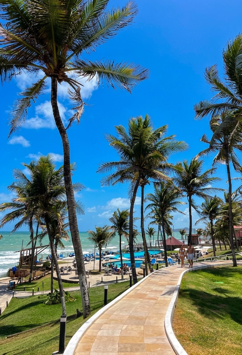 Palm-lined walkway by the sea
