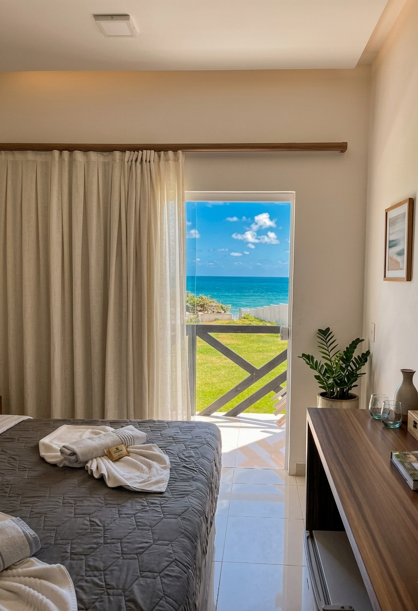 Bedroom with door open to sea-view balcony