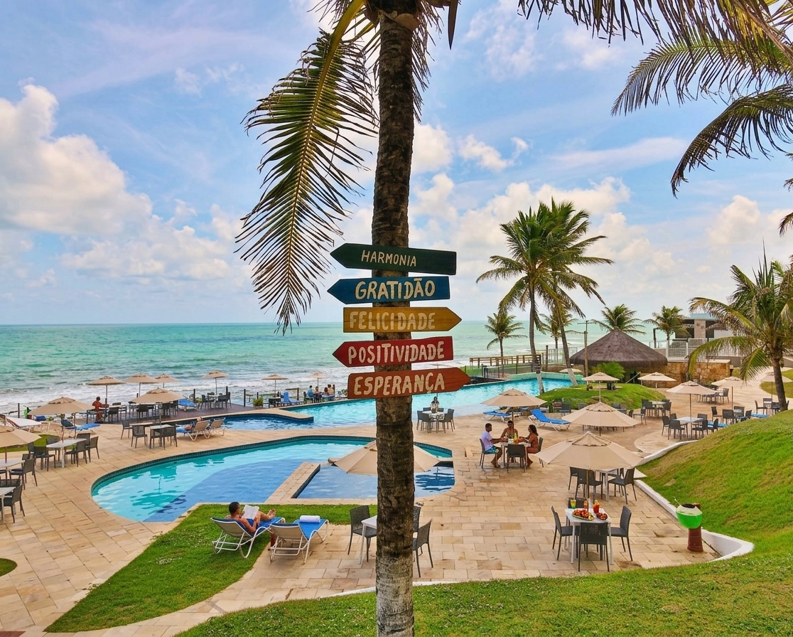 Resort pools at sunset with palm trees